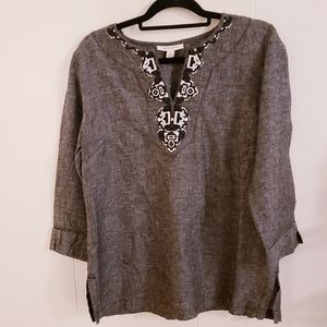 JM Collection Women Tunic Top Size 14 100% Linen Black Chambray VNeck Boho, 3/4 